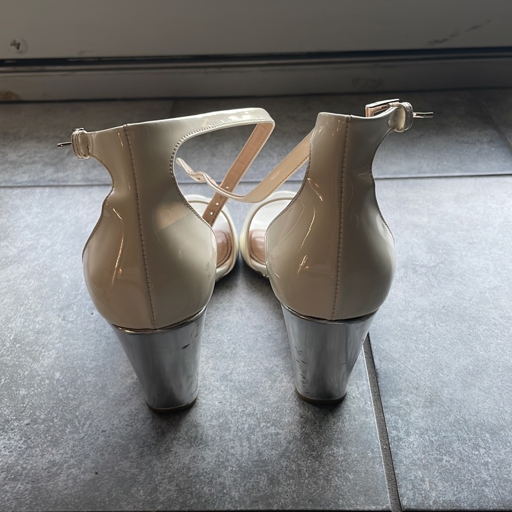 Prada White Patent Leather Metallic Heel Ankle Strap Sandals 38 US 8 - Picture 6 of 7